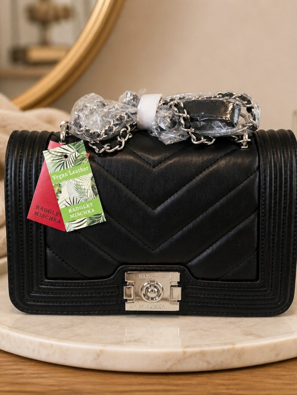 Badgley Mischka Black Quilted Vegan Leather Crossbody with Silver Chain
